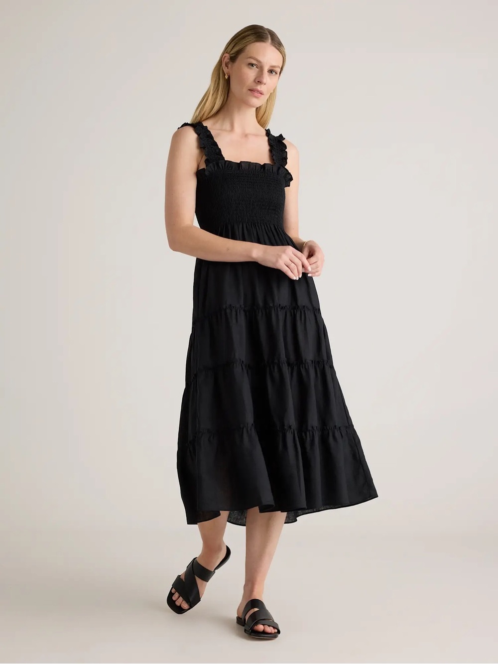 Quince Black Smocked Ruffle-Strap Tiered Midi Dress